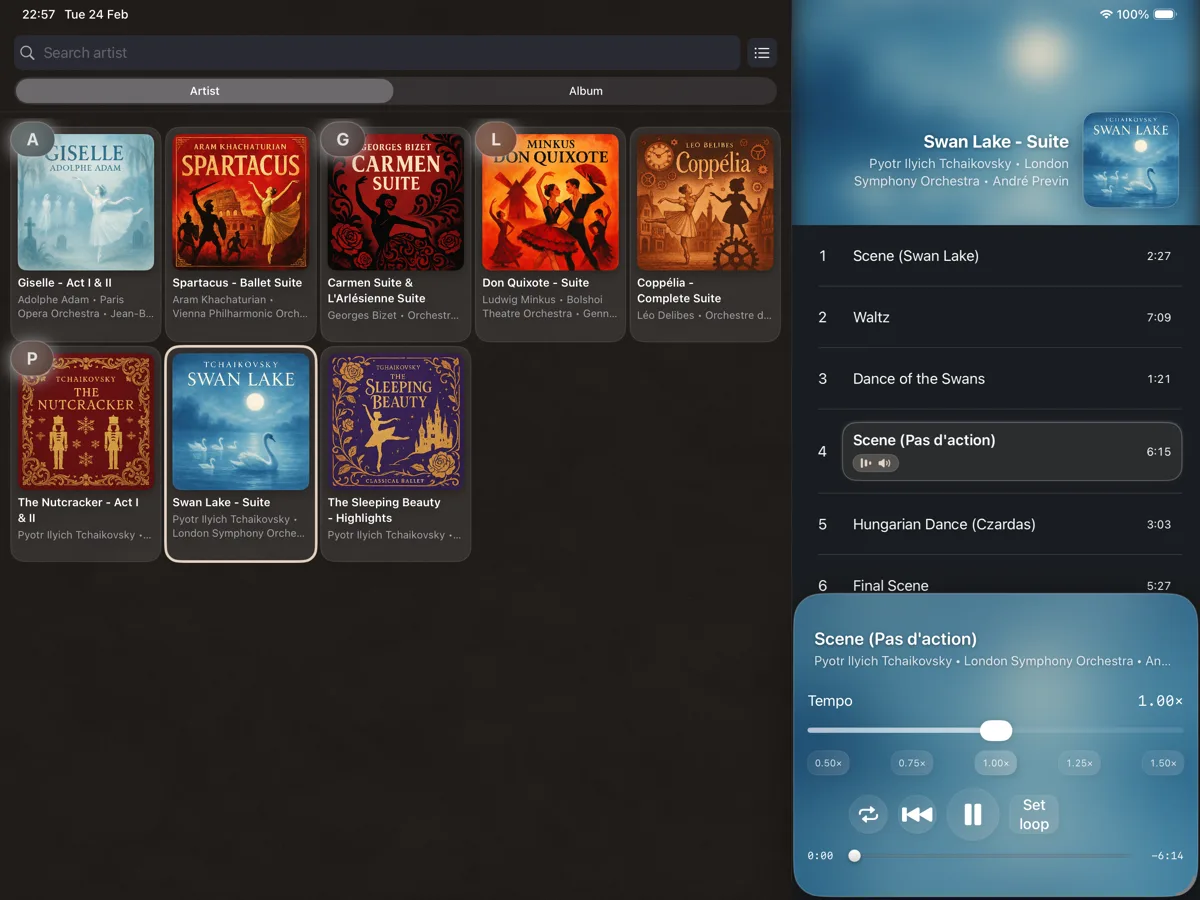 Cadence iPad landscape screen in dark mode