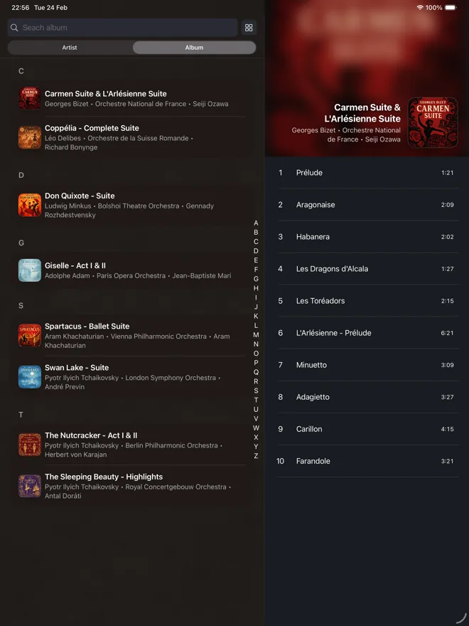Cadence iPad portrait list screen in dark mode