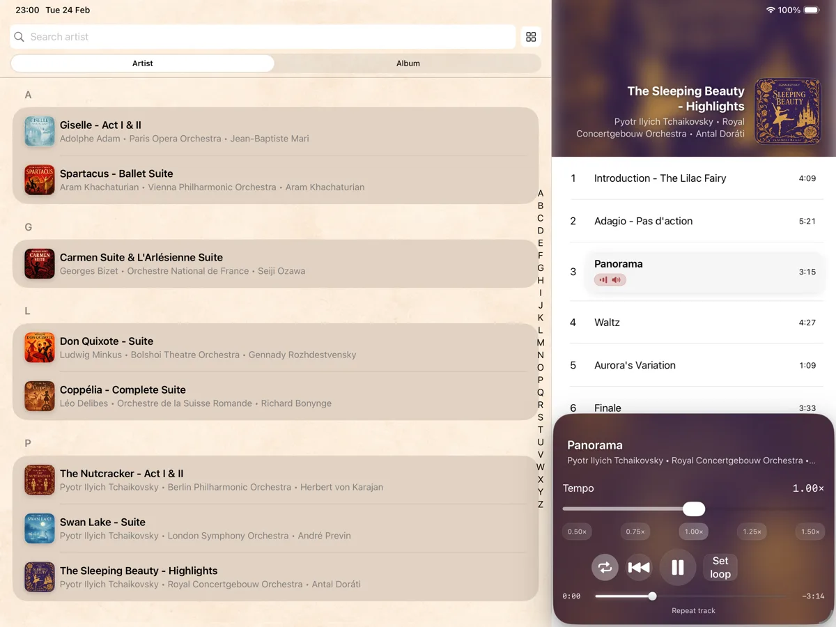Cadence iPad landscape screen showing library list and player controls for class playback