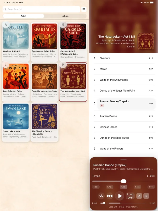 Cadence iPad portrait library and player in light mode