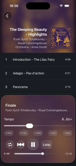 Cadence iPhone track list and player in dark mode