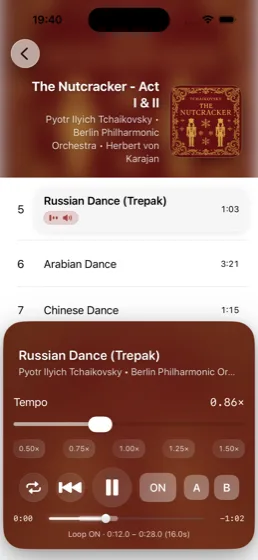 Cadence iPhone main player screen in light mode with loop and tempo controls