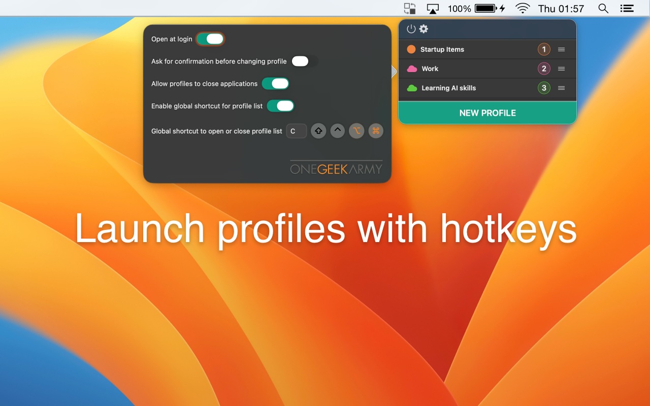 Commute screenshot showing profile launching with global shortcuts