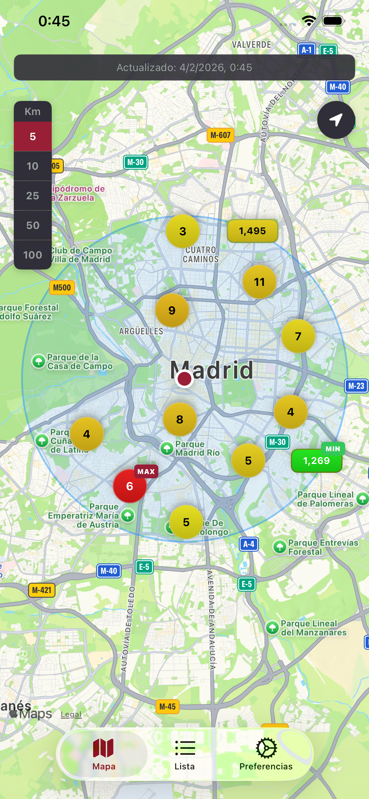 Mapa con precios en Preciolinera