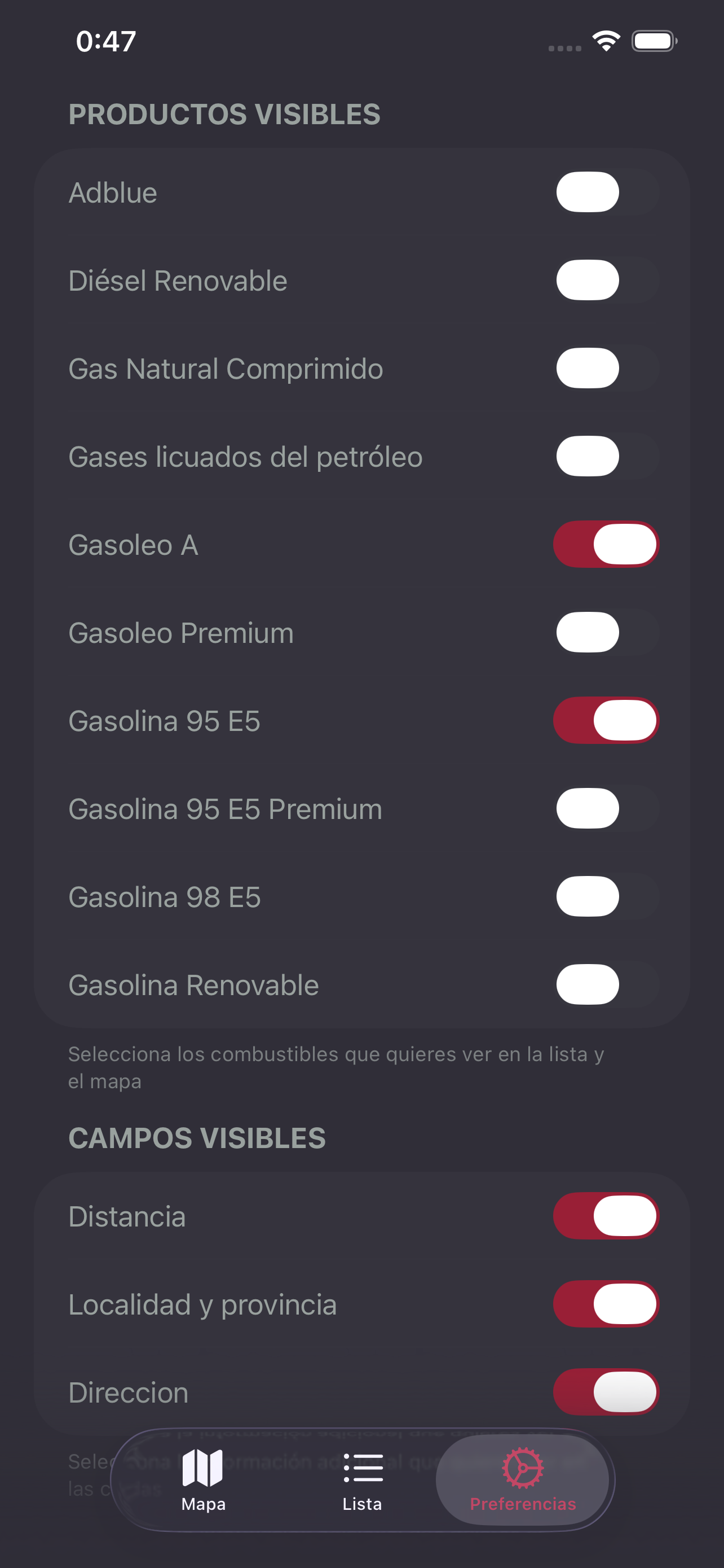 Filtros y preferencias en Preciolinera