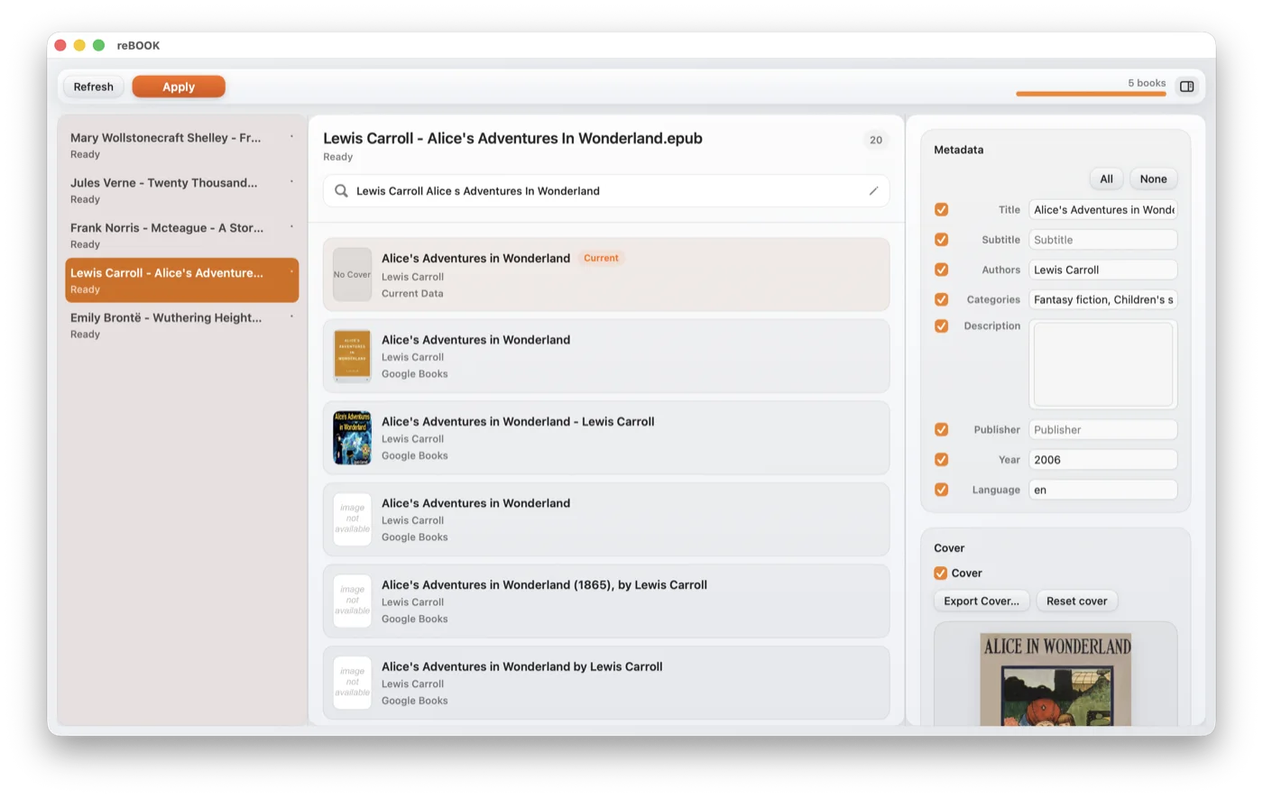 reBOOK interface showing EPUB metadata search results and cover selection