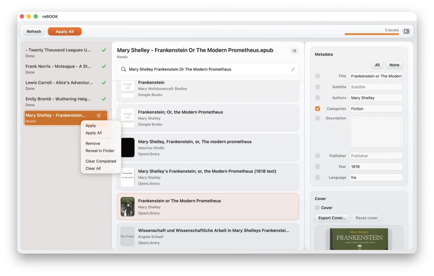 reBOOK rename preview and export panel